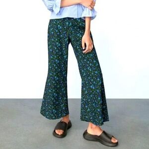 ZARA Black Floral Flare Pants Women's Size L Blue Roses Wide Leg